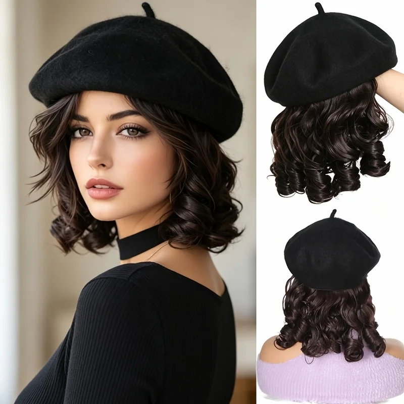 Classic French Fashion Beret Wig Hat Synthetic Curly Wave Short Hairpiece with Attached Hair Extension Warm Winter Cap for Women