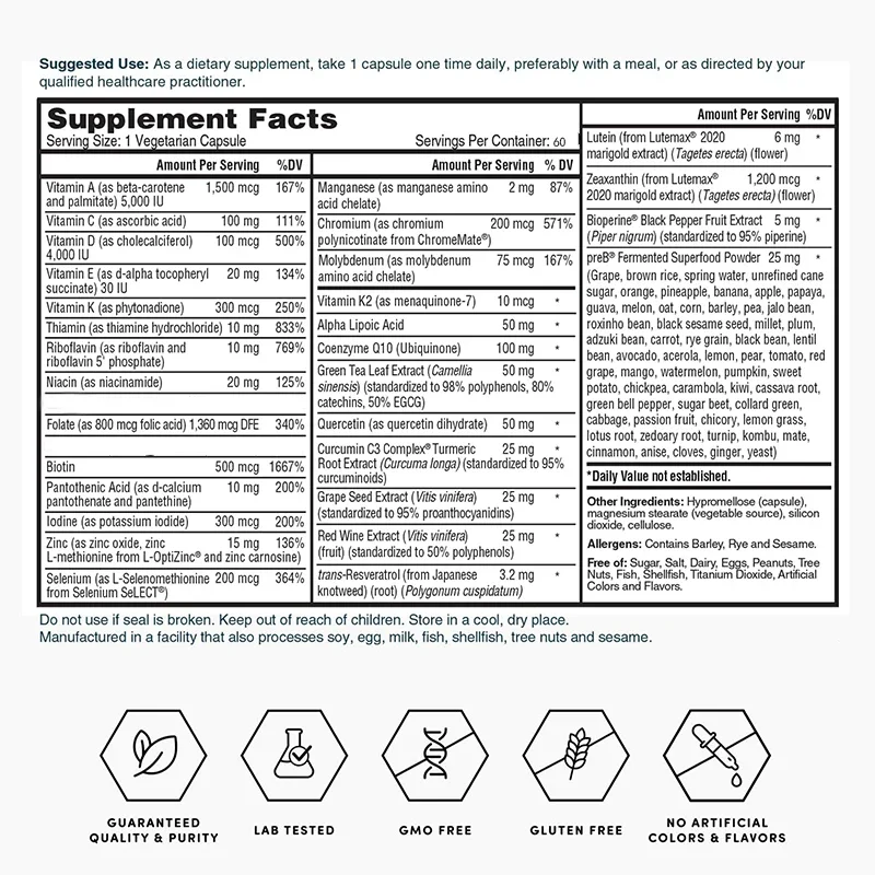 Daily Multivitamins, Including Extracts of Quercetin, Lutein, and Zeaxanthin, in 60 Capsules