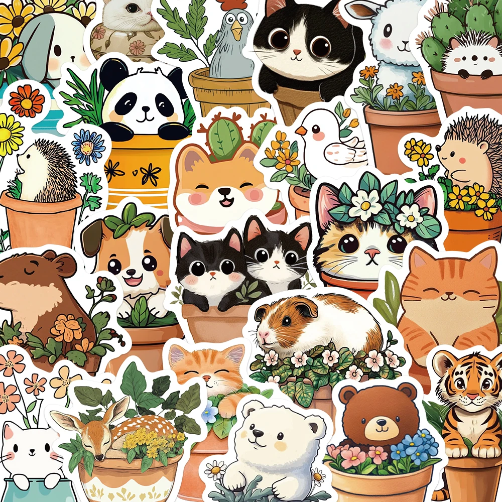 

50PCS Animals In Flower Pots Stickers Green Plants Decals For Laptop Luggage Fridge Stationery Guitar Cartoon Stickers Toy Gifts