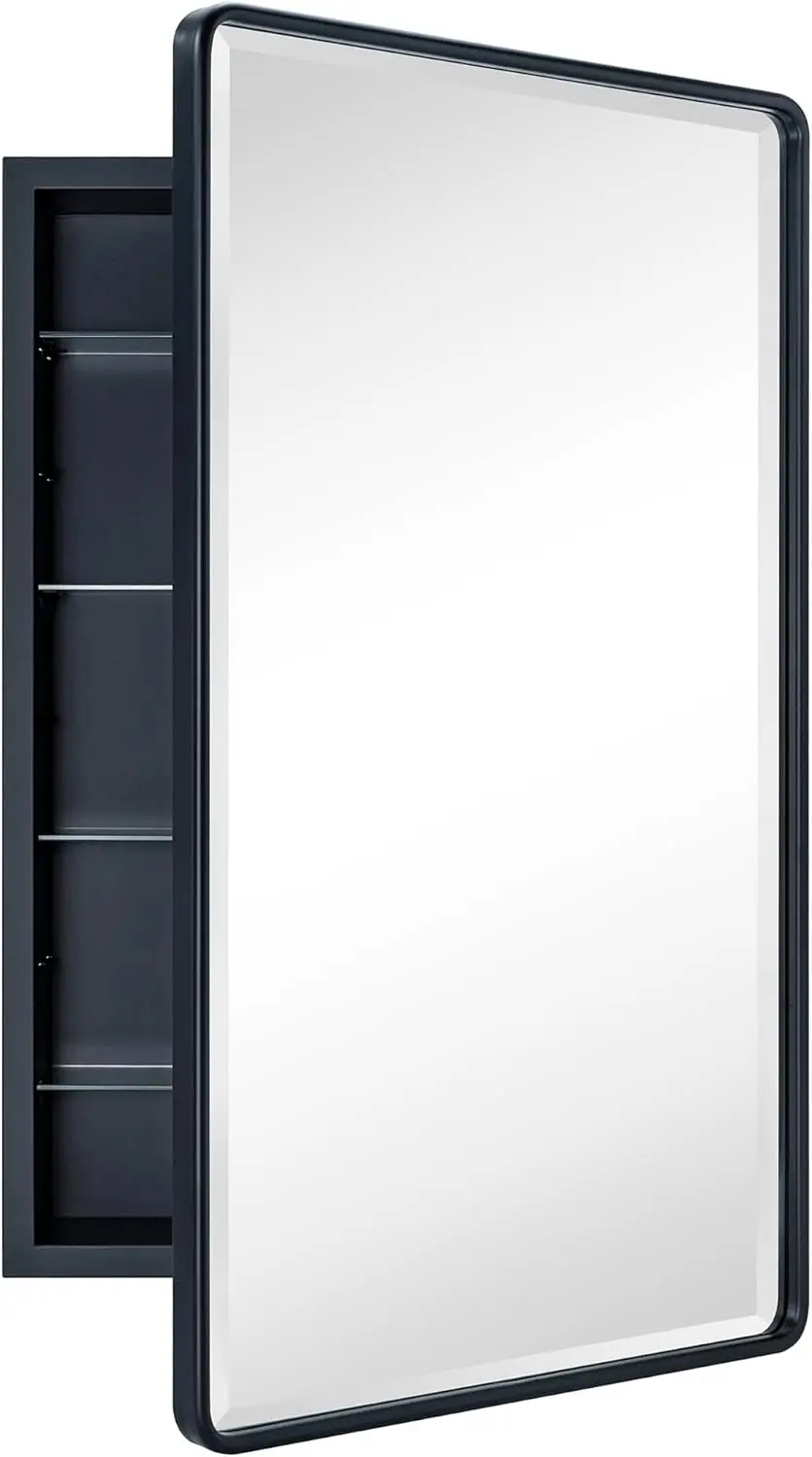 Farmhouse Matt Black Recessed Bathroom with Mirror Rounded Rectangle Metal Framed Medicine Cabinet with Beveled Mirror