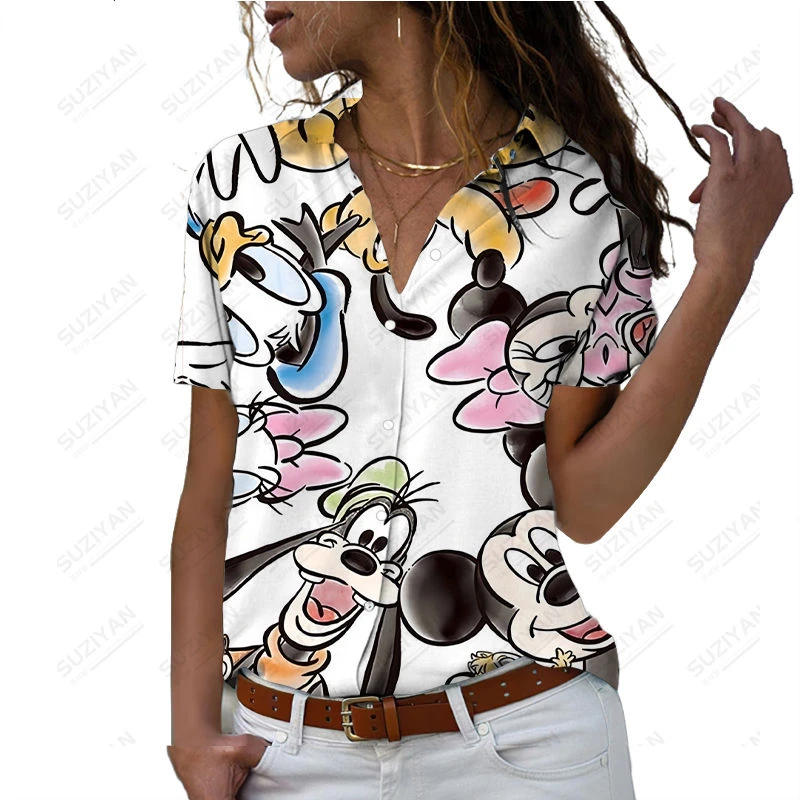 Camiseta informal con estampado 3D de dibujos animados de Disney, Rebeca holgada de manga corta Harajuku hawaiana con botones, novedad de 2023