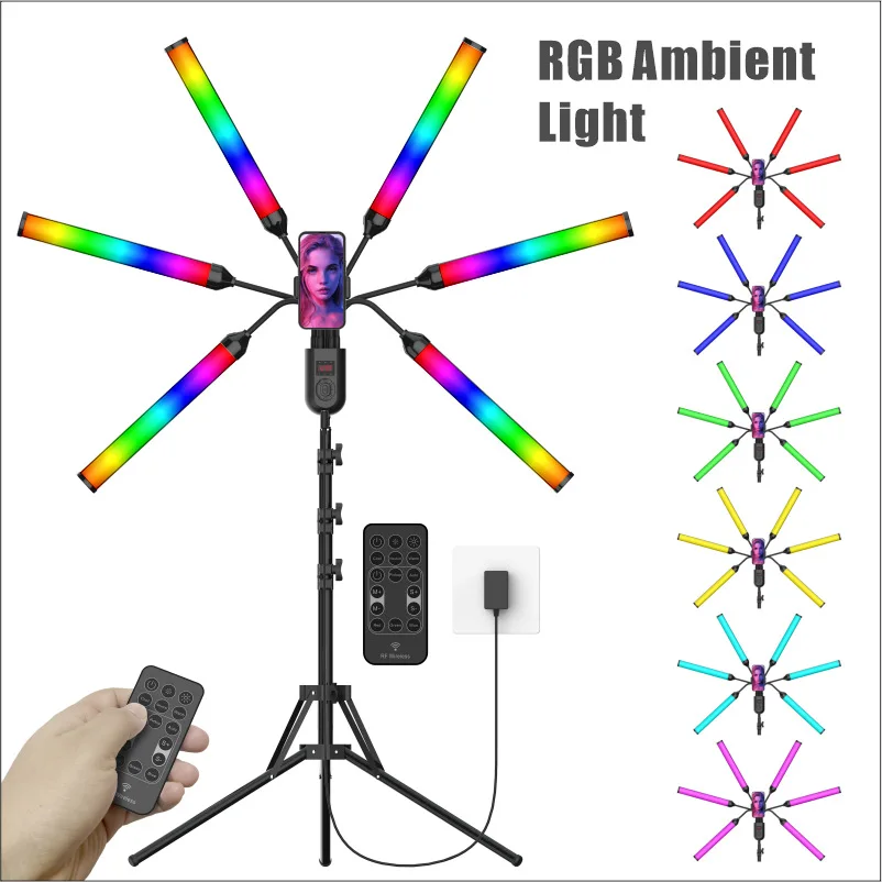 RGB LEDs Photographic 6 Arms Fill Light 3200-4000-6000K Long Strips LED Lamp LCD Screen Photo Studio Lighting Live Broadcast