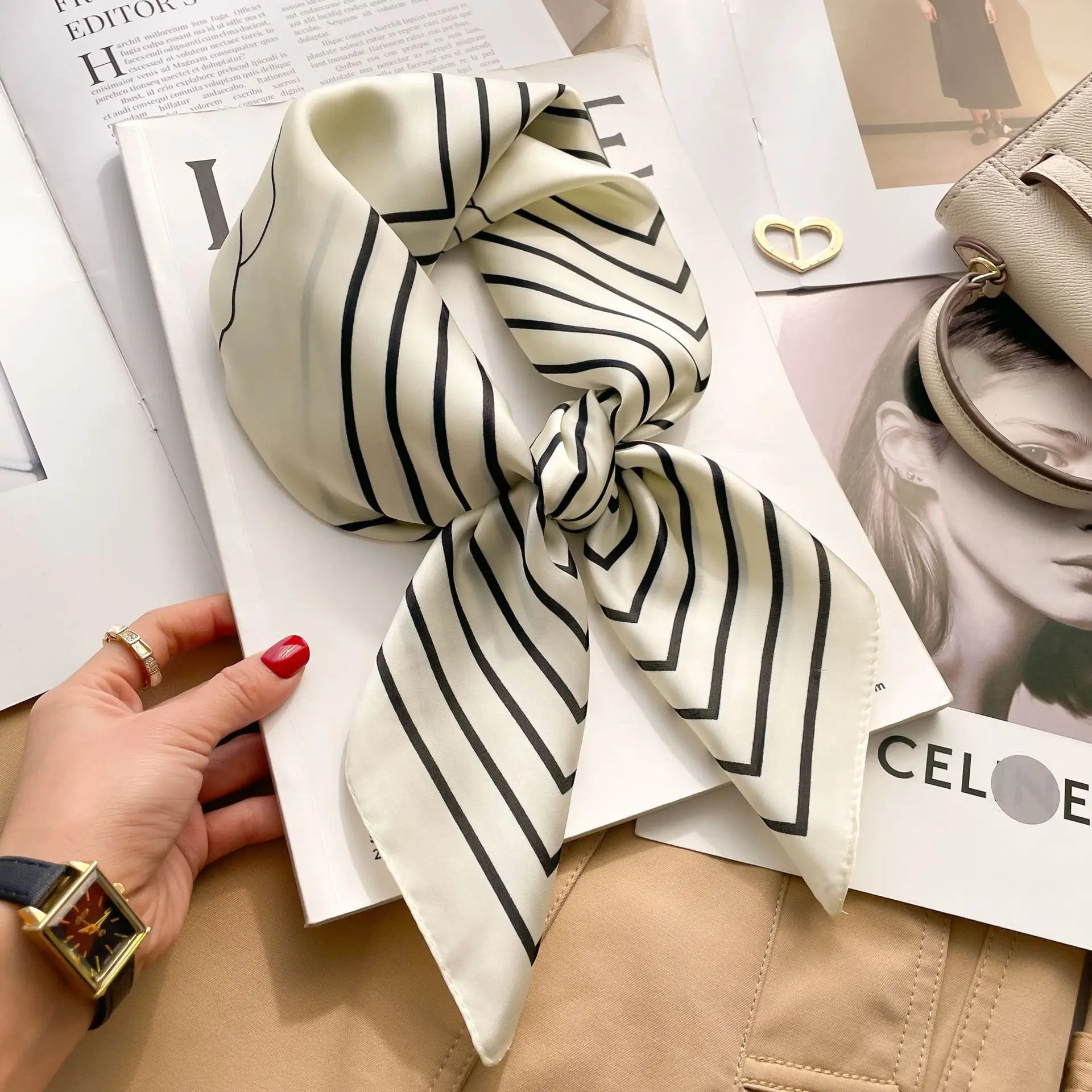 Luxus Design Seide Schal Quadrat Schal Für Frauen Satin Hijab Mode Wraps Halstuch Weibliche Haar Bands Band Stirnband Bandana – Detail 5