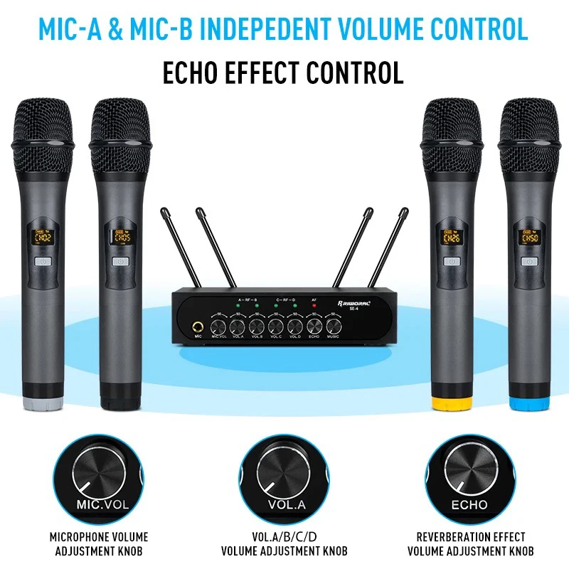 Adjustable Four-Channel Wireless Microphone SystemUHF Metal Handheld Wireless Microphones Cordless Mics Professional for Karaoke