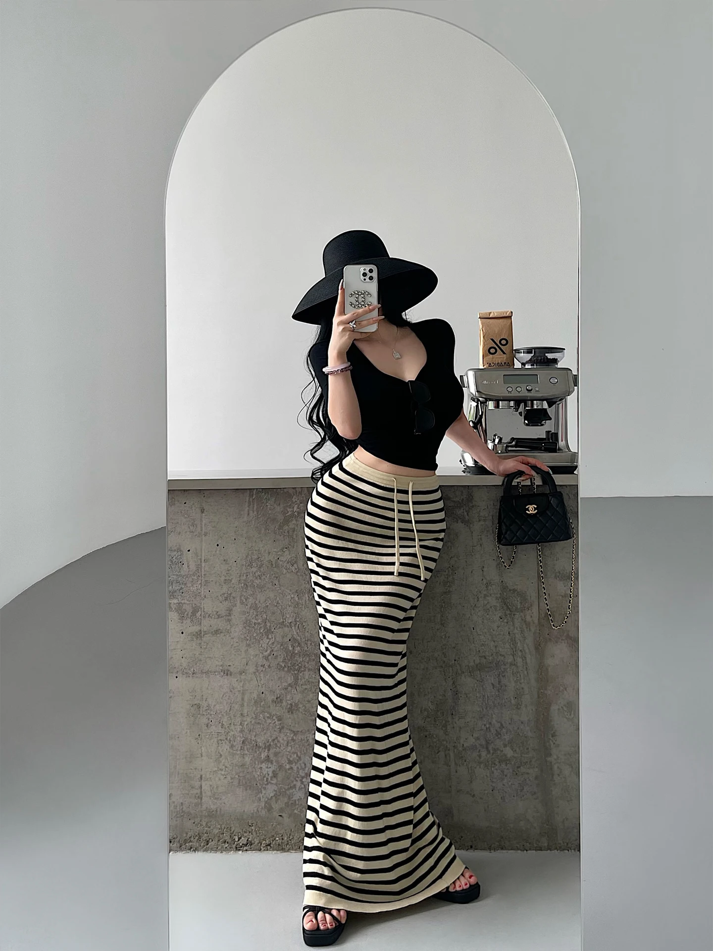 Young Girl Day Pure Desire Lazy Style High Waist Drawstring Lyocell Knitted Wrap around Stripe Floor Length Half Body Skirt