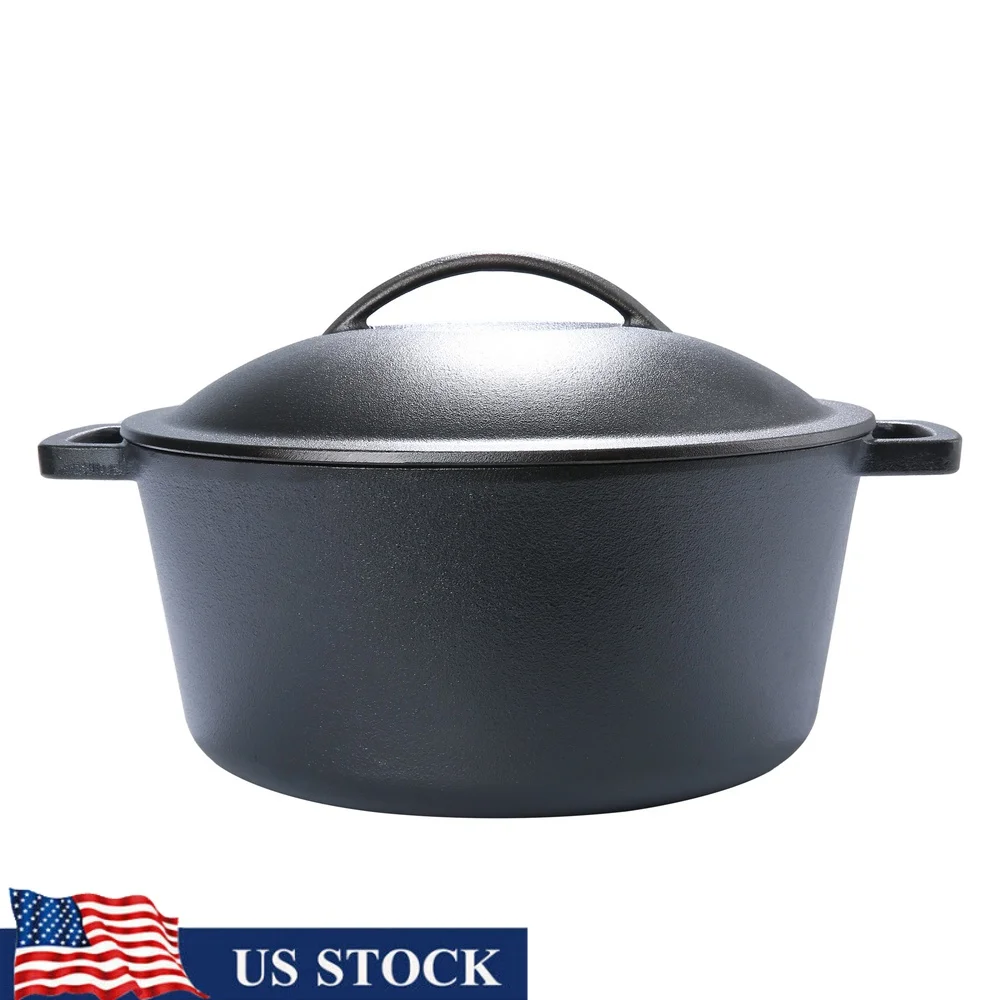 

5qt Cast Iron Dutch Oven Pre-Seasoned Oven Safe Cookware Baking Roasting Stewing Durable Heat Retention Kitchen Essential