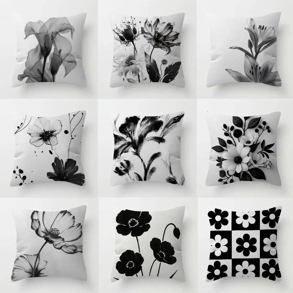 Black White Flower  Pillow Covers Cartoon Sofa Decorative Home Double-sided Printing Short Plush Cute Cushion Cover