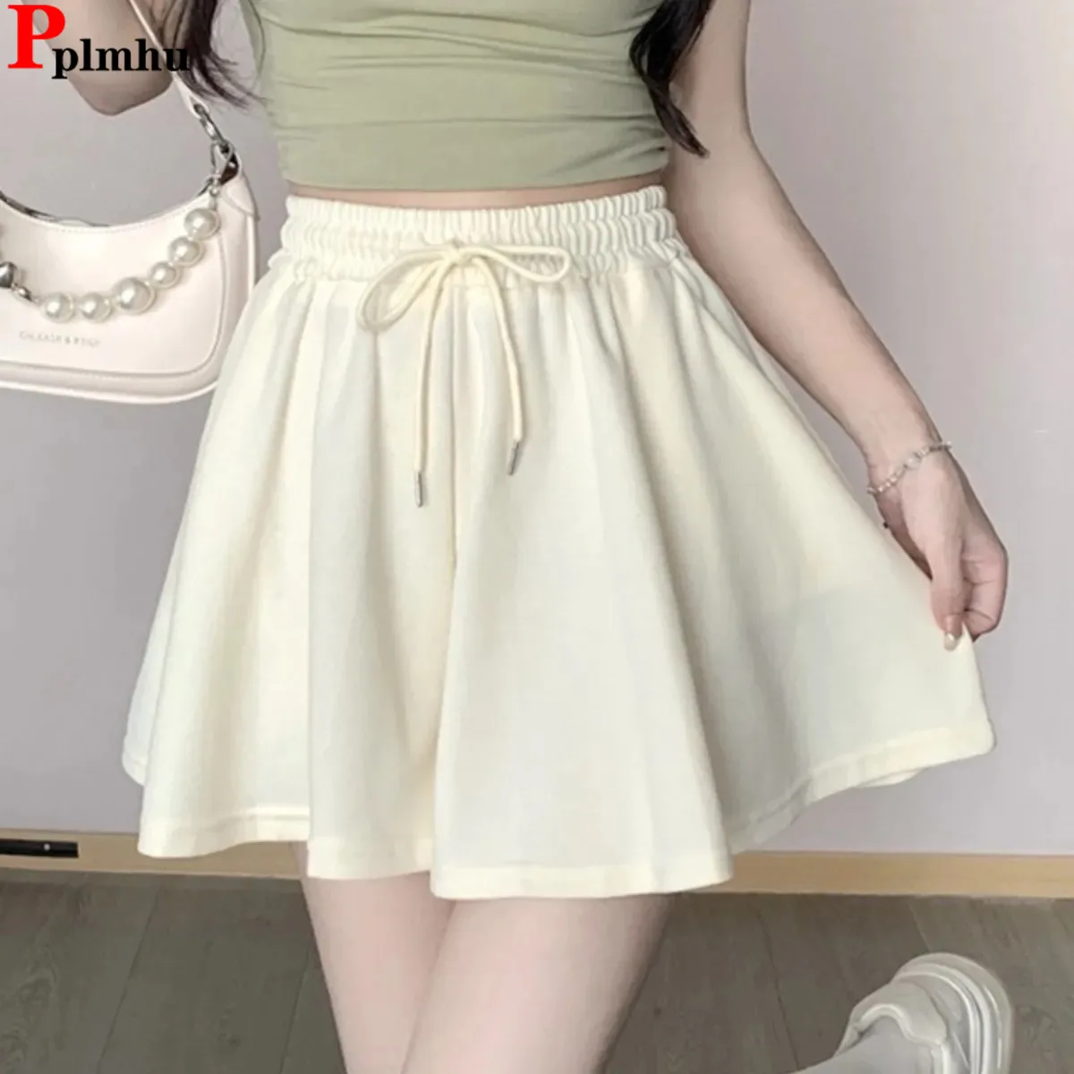 

Summer High Waist Solid Baggy Shorts Korean Fashion Casual Wide Leg A-lined Pantskirt Women Loose Chic Classic Pantalones Cortos