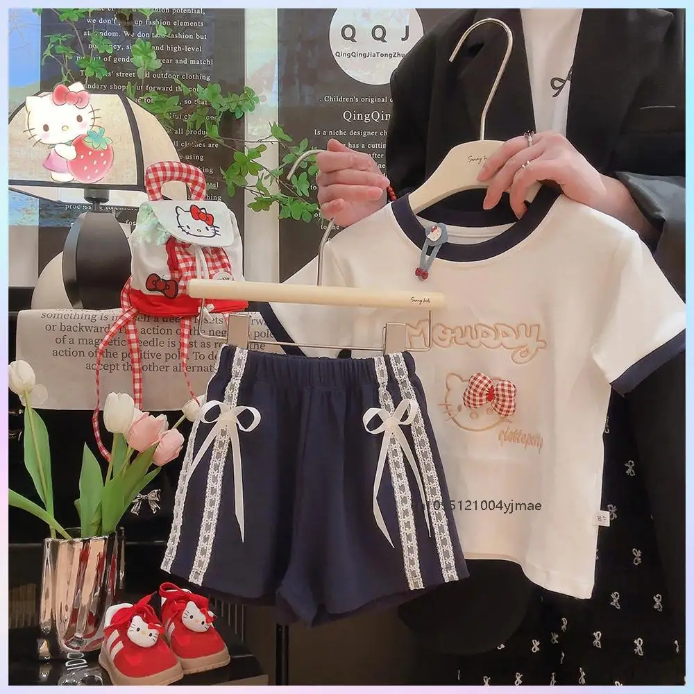 

Kawaii Hello Kitty Girls Short Sleeve Shorts Set Sanrios Anime Summer Cartoon Fashion Round Neck Bow T-Shirt College Style Set