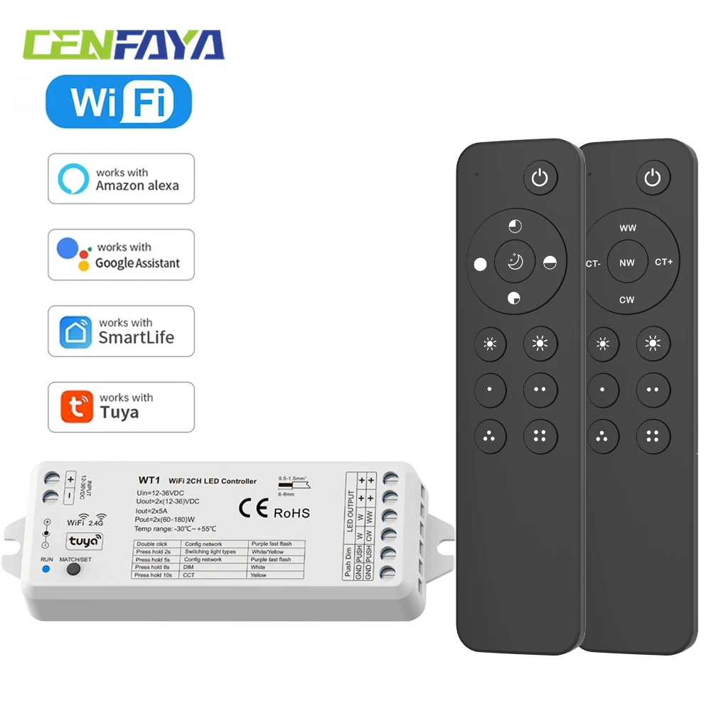 

CENFAYA 2-канальный контроллер CCT PWM для светодиодных лент с регулировкой цветовой температуры, двойной белый свет, RF-пульт, диммирование, 2.4ГГц, Tuya WiFi, групповое управление, совместимость с Alexa и Google Home