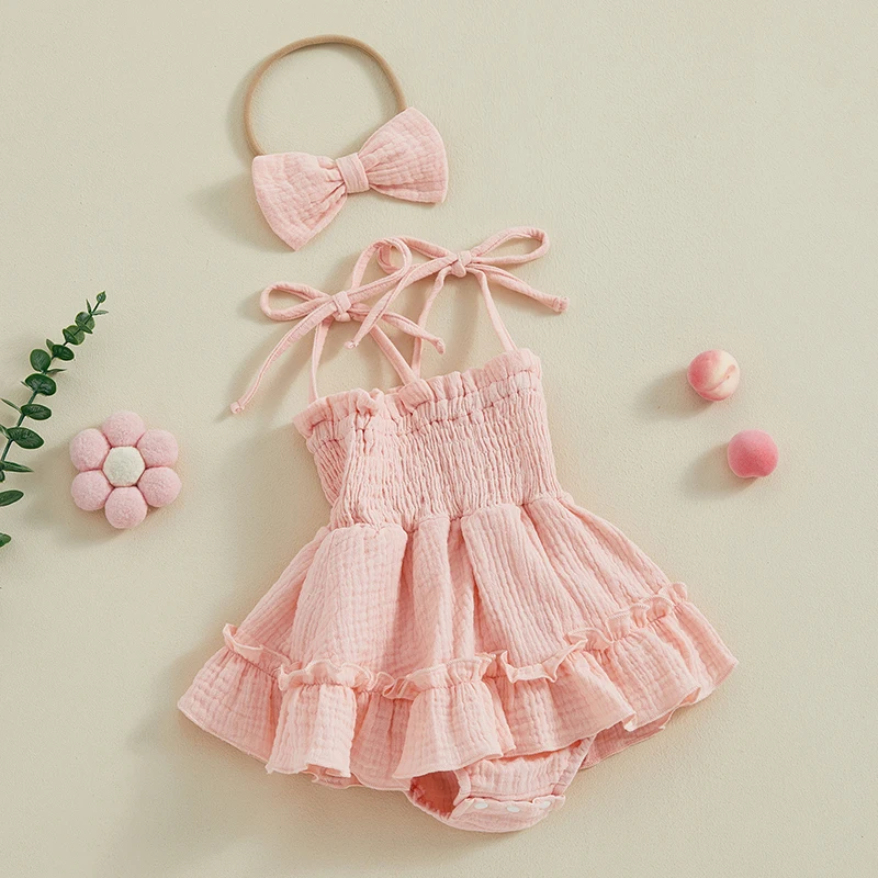 

Toddler Baby Girl Summer Romper Dress Solid Color Sleeveless Adjustable Shoulder Strap Jumpsuit with Headband