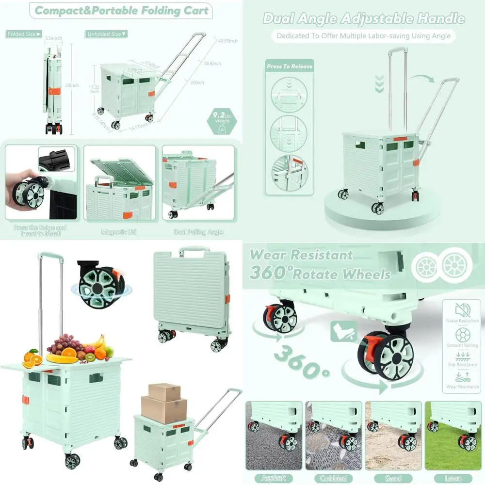 

Folding Utility Cart with 4 Swivel Wheels, Adjustable Handle, and Magnetic Lid for Storage, Shopping, and Office Use (Green)