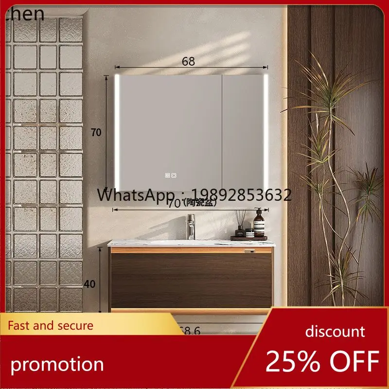 HT Vintage Style Oak Lacquer Bathroom Cabinet Washbasin Sink Combination Bathroom Washbasin Cabinet Rock Bending Integrated