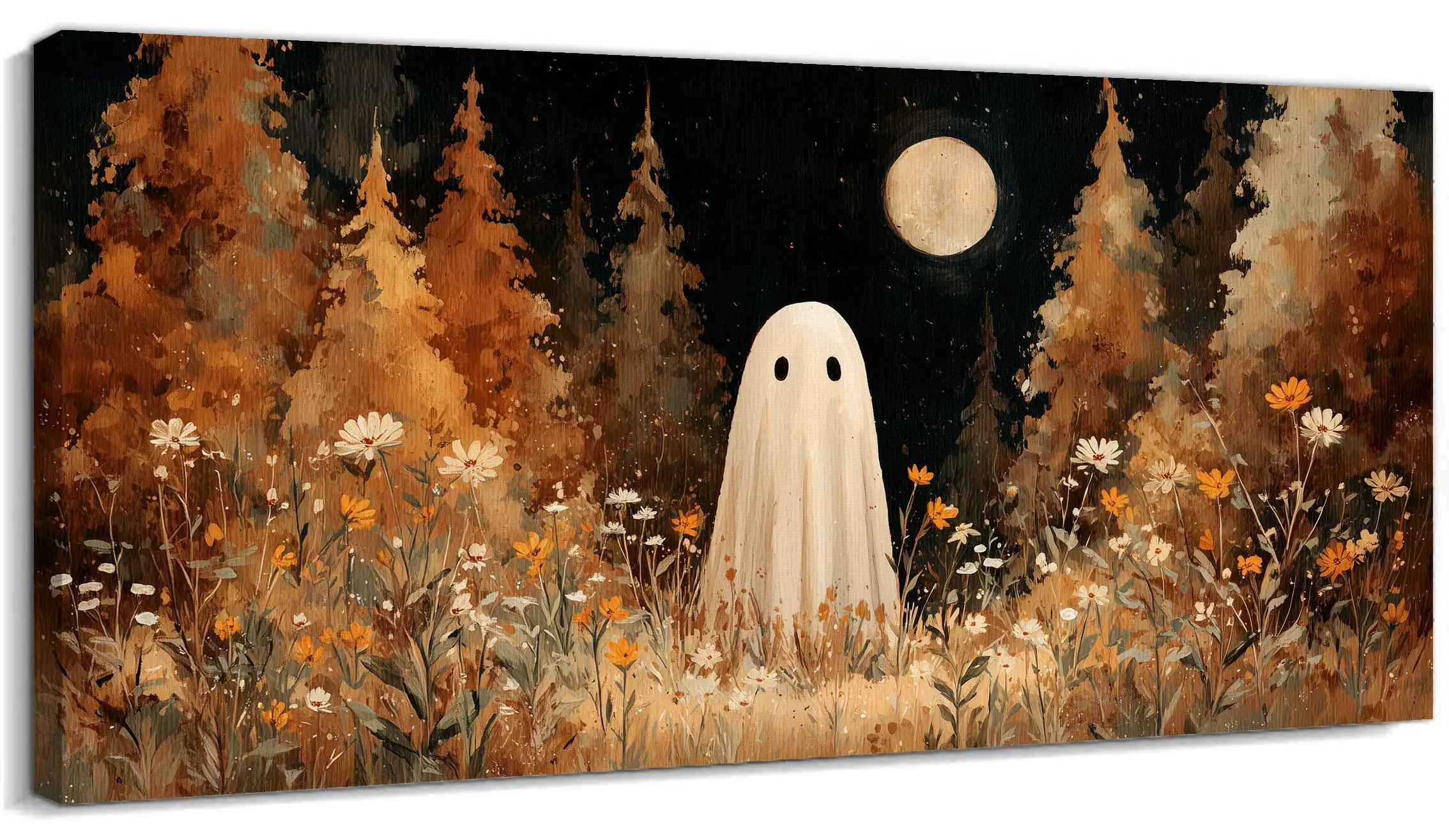 Fall Halloween Wall Art Spooky Ghost ing in Wildflower Field Modern Watercolor Autumn Moon Halloween Ghost Pictures Wall Decor