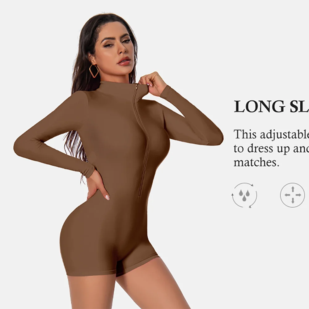 SPEERISE Women Long Sleeve One Piece Jumpsuit Short Pants Leotard Romper Sexy Zip Front Workout Bodysuit Athletic Casual Yoga