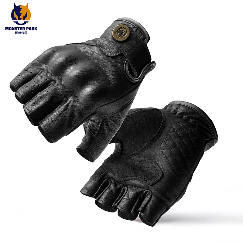 MONSTER PARK Motorcycle Gloves For Men Half Finger Vintage Leather Breathable Riding Gloves Moto Motocross Protective Gloves