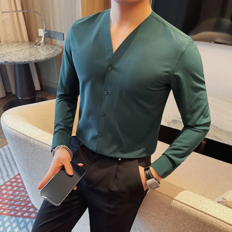 Solid Color Scarless Elastic Shirt Men Fashion V-neck Slim Casual Business Dress Shirts Social Party Tuxedo Blouse Men Clothing