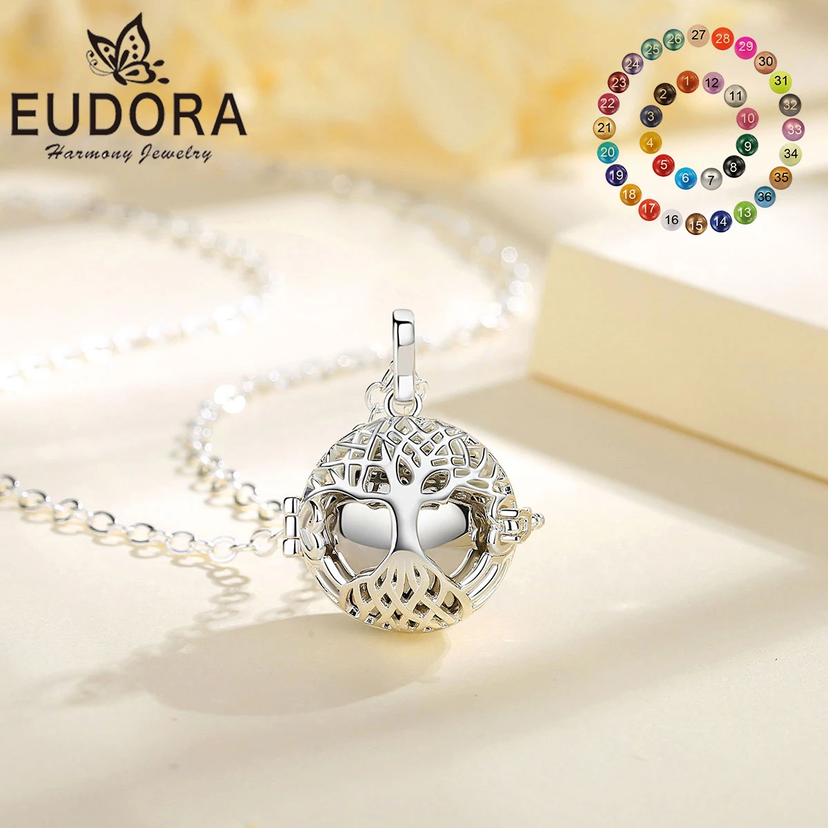 Eudora 20mm Harmony Ball Tree of Life cage Necklace Pregnancy Bola Angel Caller Pendant Fine DIY Maternity Jewelry for Women Bab