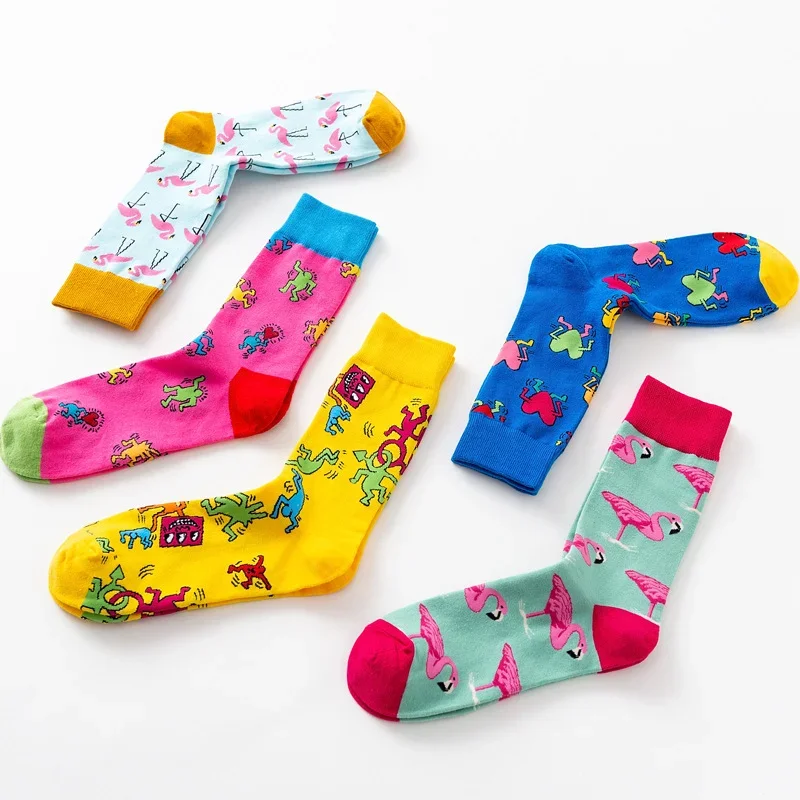 1Pair 35-44 Men Casual Cotton Sock Harajuku Cartoon Flamingo Loving Heart Cute Funny Character Japanese Socks