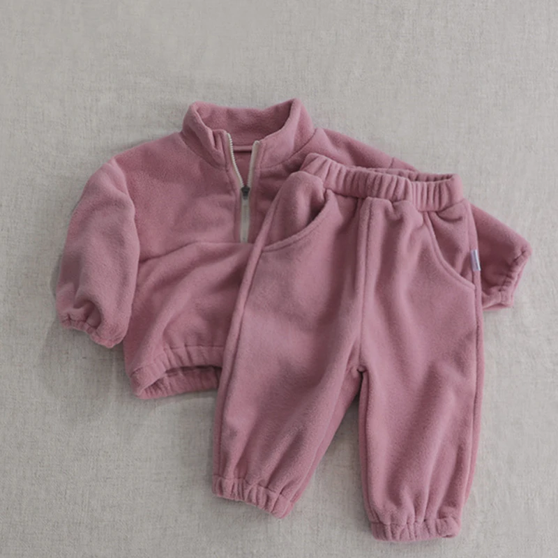 Autumn Winter Toddler Baby Sports Clothes Suit Infant Baby Boys Girls Plush Wear Clothing Set Long Sleeve Pullover Tops+Pants