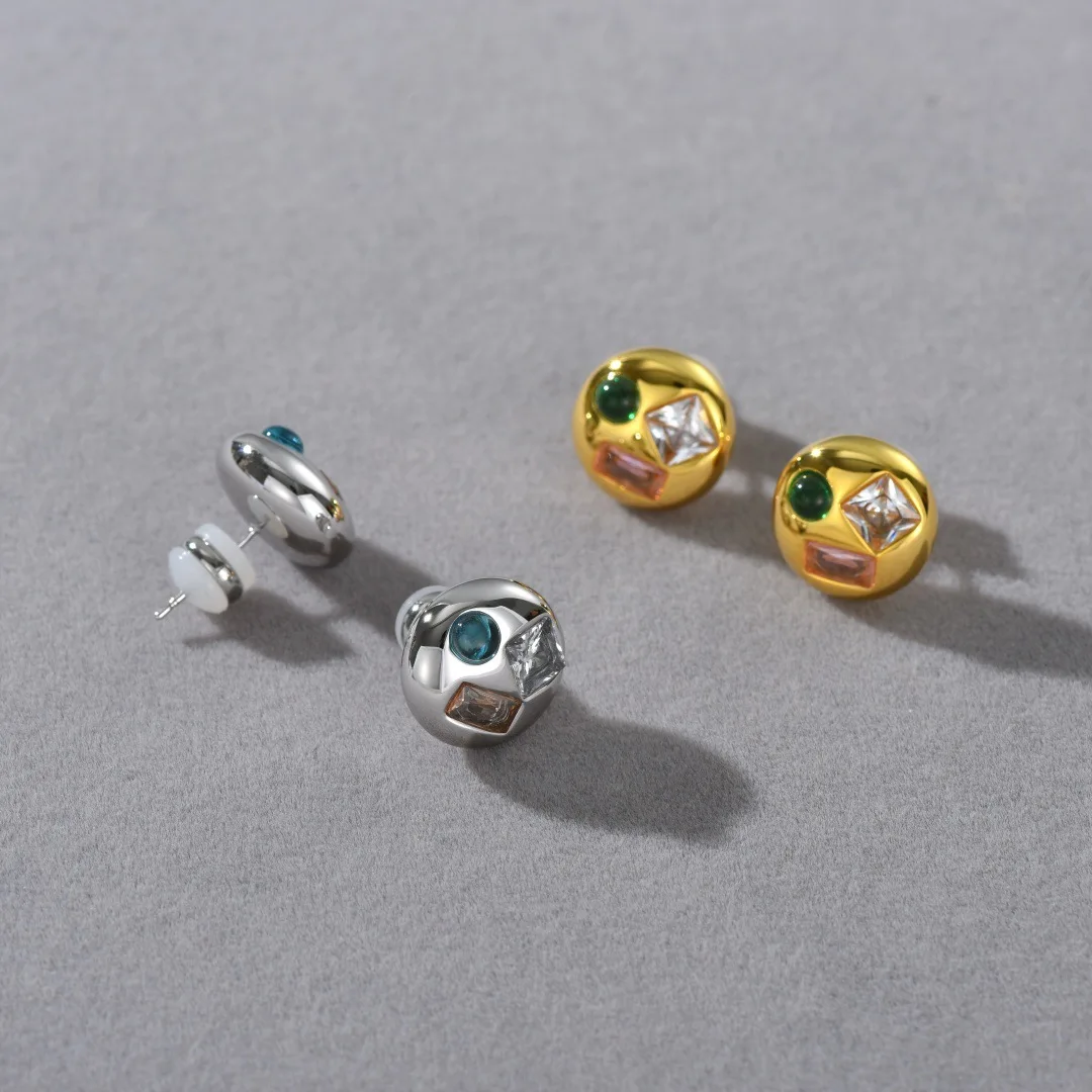 

Luxury Beaded Geometric Earrings, Multicolor Zircon Stone 925 Silver Needle
