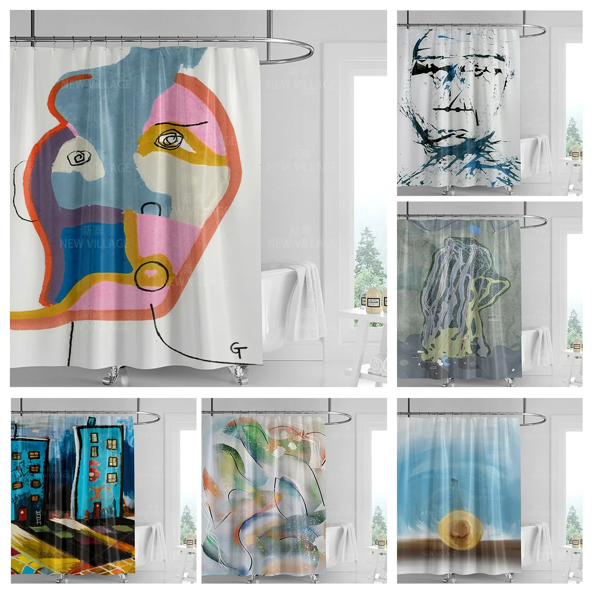 Abstract City Skyline Shower Curtain, Modern Urban Art Design, Waterproof Bathroom Decor for Stylish Homes