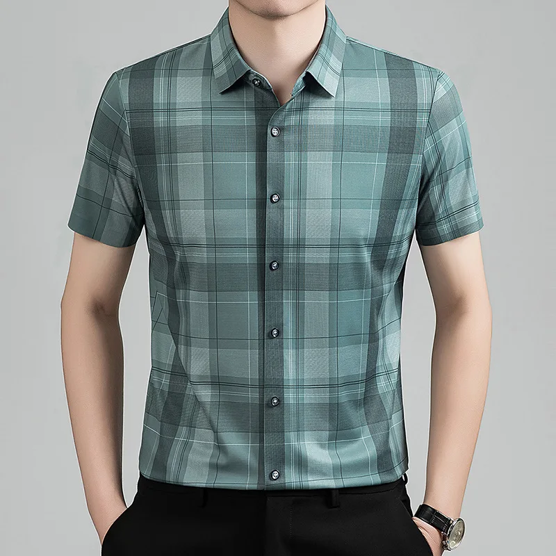 Linen Men's Shirt New Fashion Plaid Short-sleeved Shirt Lapel Linen Shirt Men's