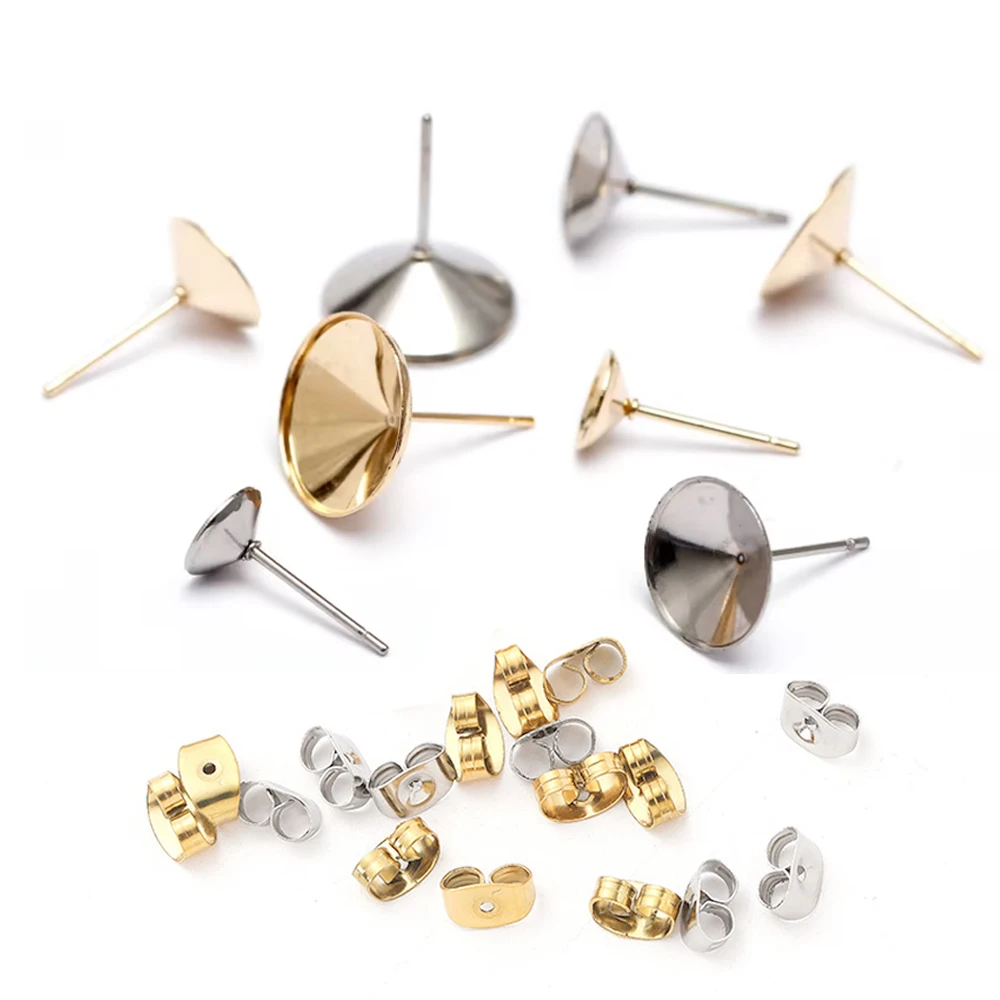 20pcs/lot Stainless Steel Earring Settings 6/8/10/12mm Cabochon Base Bezel Trays With Hole DIY Ear Jewelry Making Findings