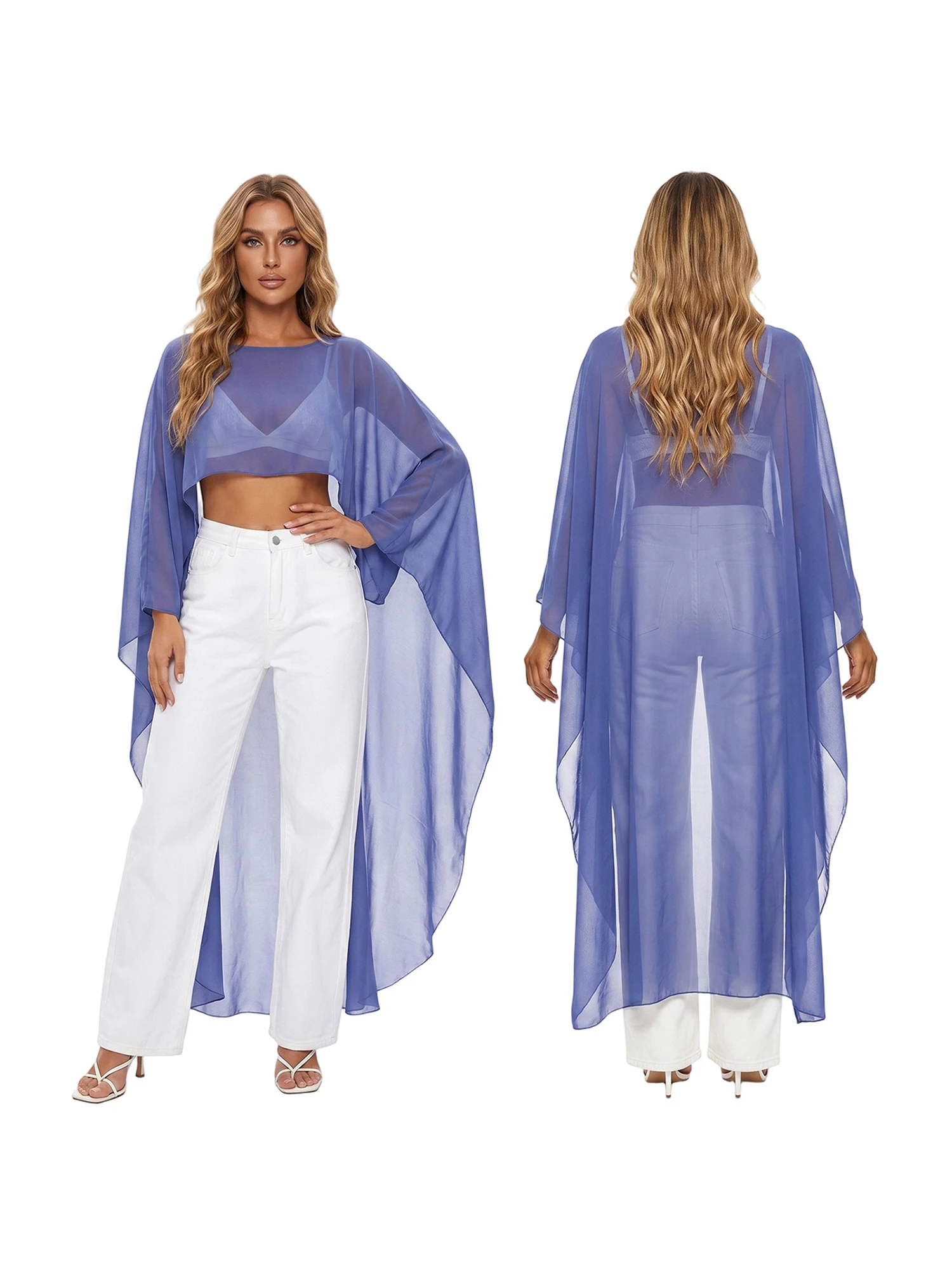 Damen High-Low Chiffon Cape Top Langarm Durchsichtig Asymmetrischer Poncho für Alltag und Abendpartys – Detail 4