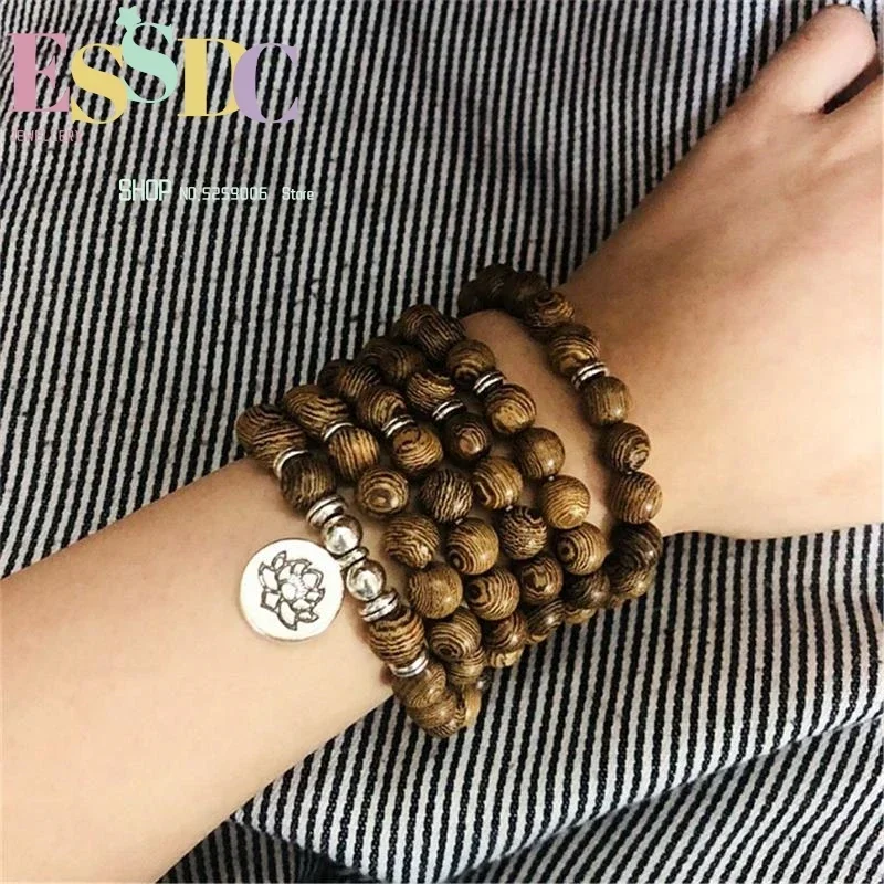 Hot Sale 108 Natural Wood Beads Bracelet Lotus 3D Buddha Pendant Yoga  Healing Meditation Prayer Hand String Dropsship
