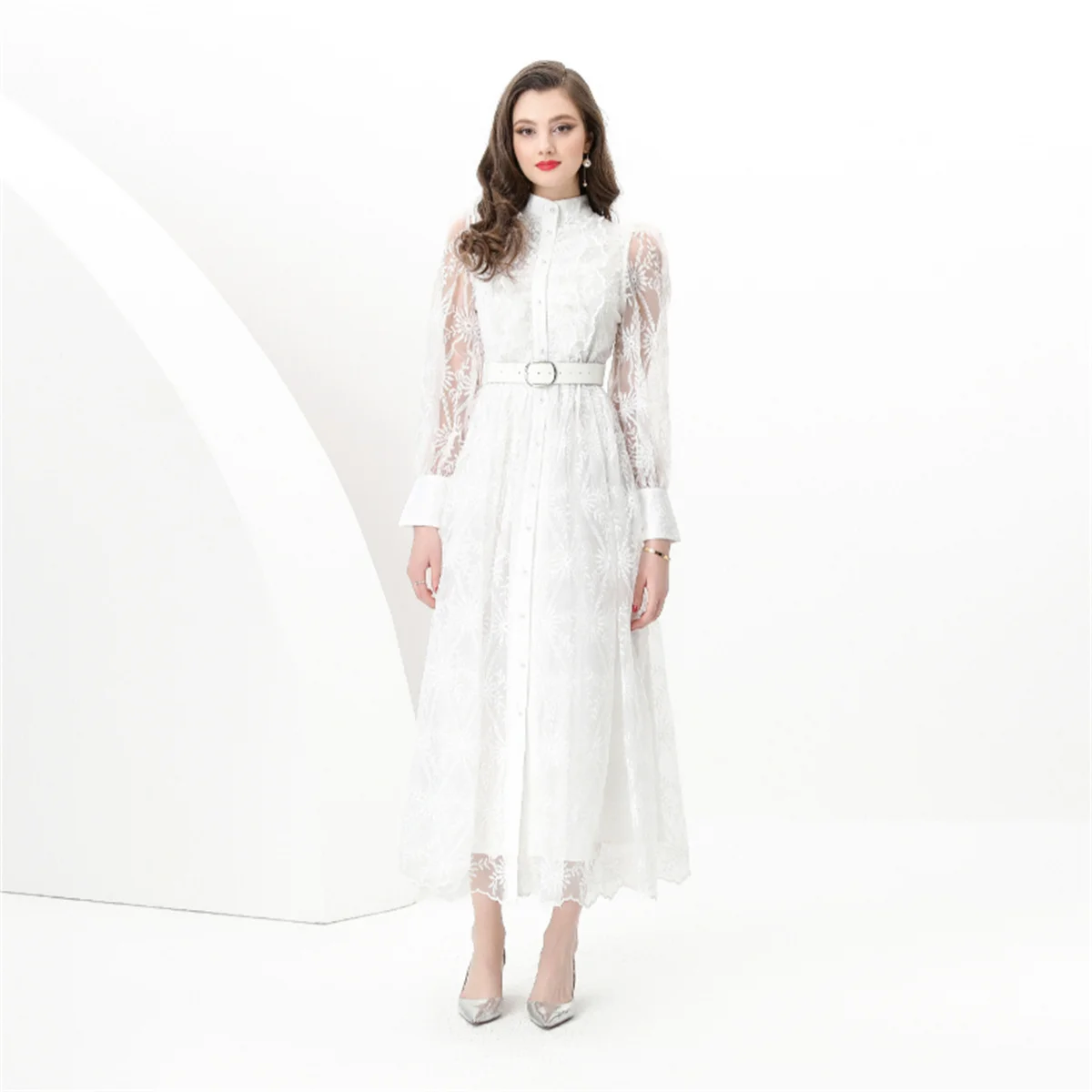 

Spring Spring New Fashion Vintage Solid Single-breasted Lace Long Maxi Dresses Women's Stand collar Embroidery Slim White Dress
