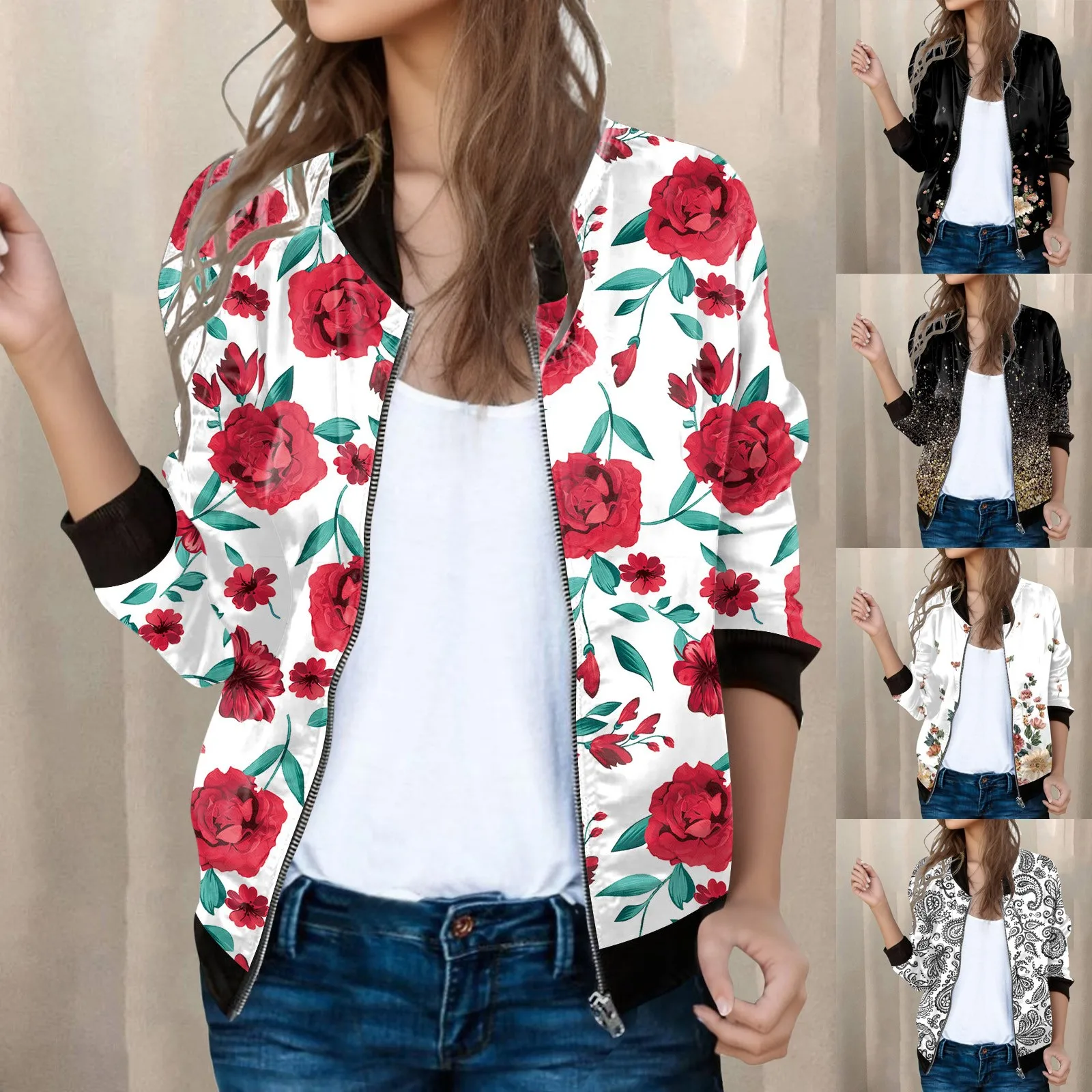 Womens Casual Daily Jackets Lightweight Zip Up Casual Jacket Floral Print Womens Lightweight Vest Womens Casual Fashion Jacket