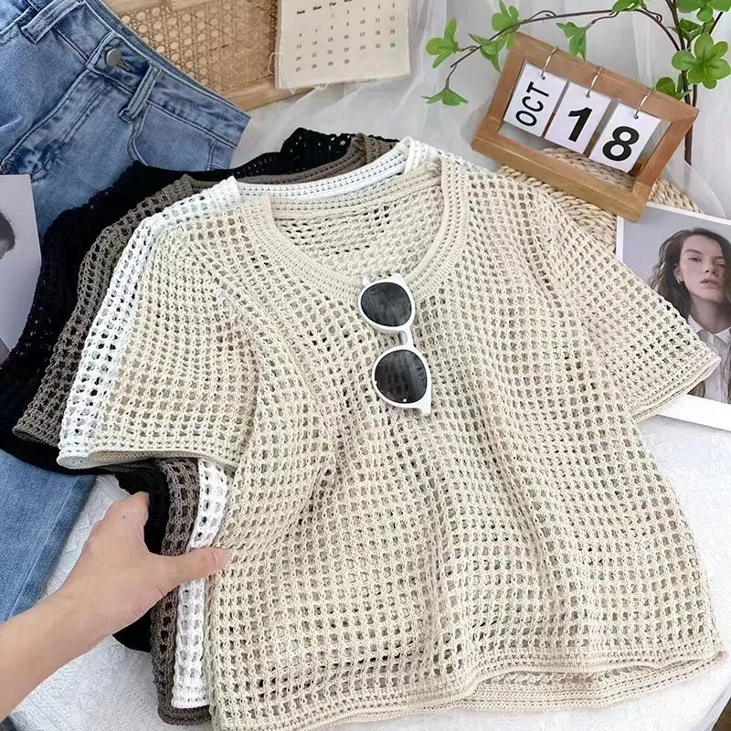 Hollow-out Top Women\'s Summer 2024 New Short-Sleeved Sweater Loose round Neck Ice Silk Blouse Chic Mesh Small Shirt Wholesale