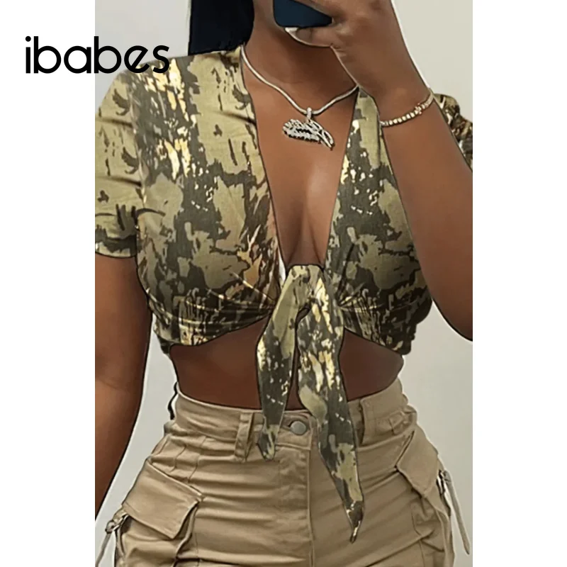 

Camouflage Printed Women Crop Top Bow Tie Short Sleeve Basic T Shirt 2023 Summer Sexy Deep V Neck Night Club Party Pullovers