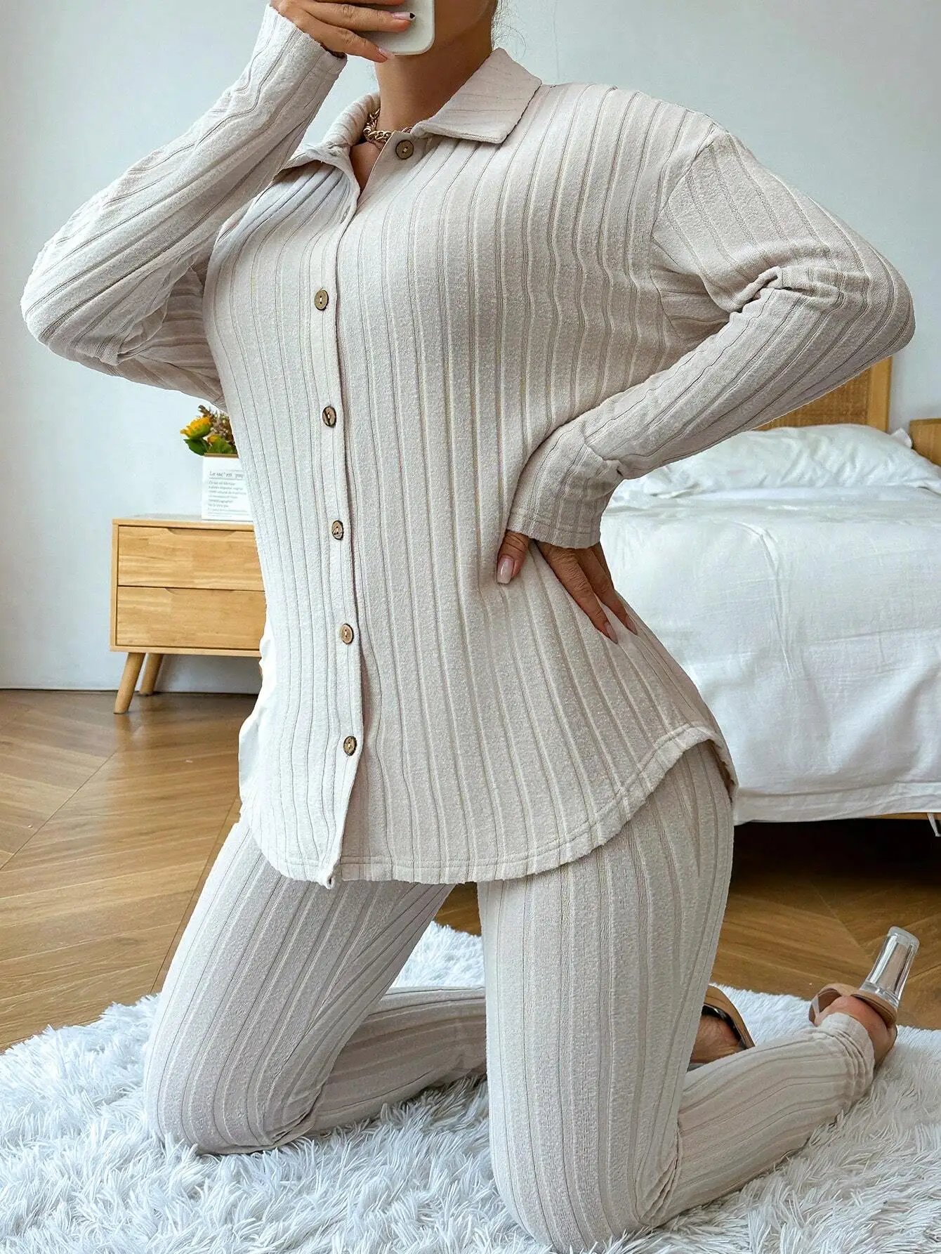 버튼업 셔츠와 레깅스가 포함된 크림 리브드 니트 투피스 세트, 캐주얼 봄 가을 의상