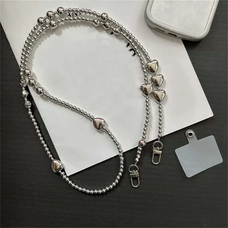 Korea Cute Silver Love Heart Bead Oblique Span Chain Phone Bracelet Charm Chain Knot Cellphone Lanyard Keychain Bag Long Lanyard