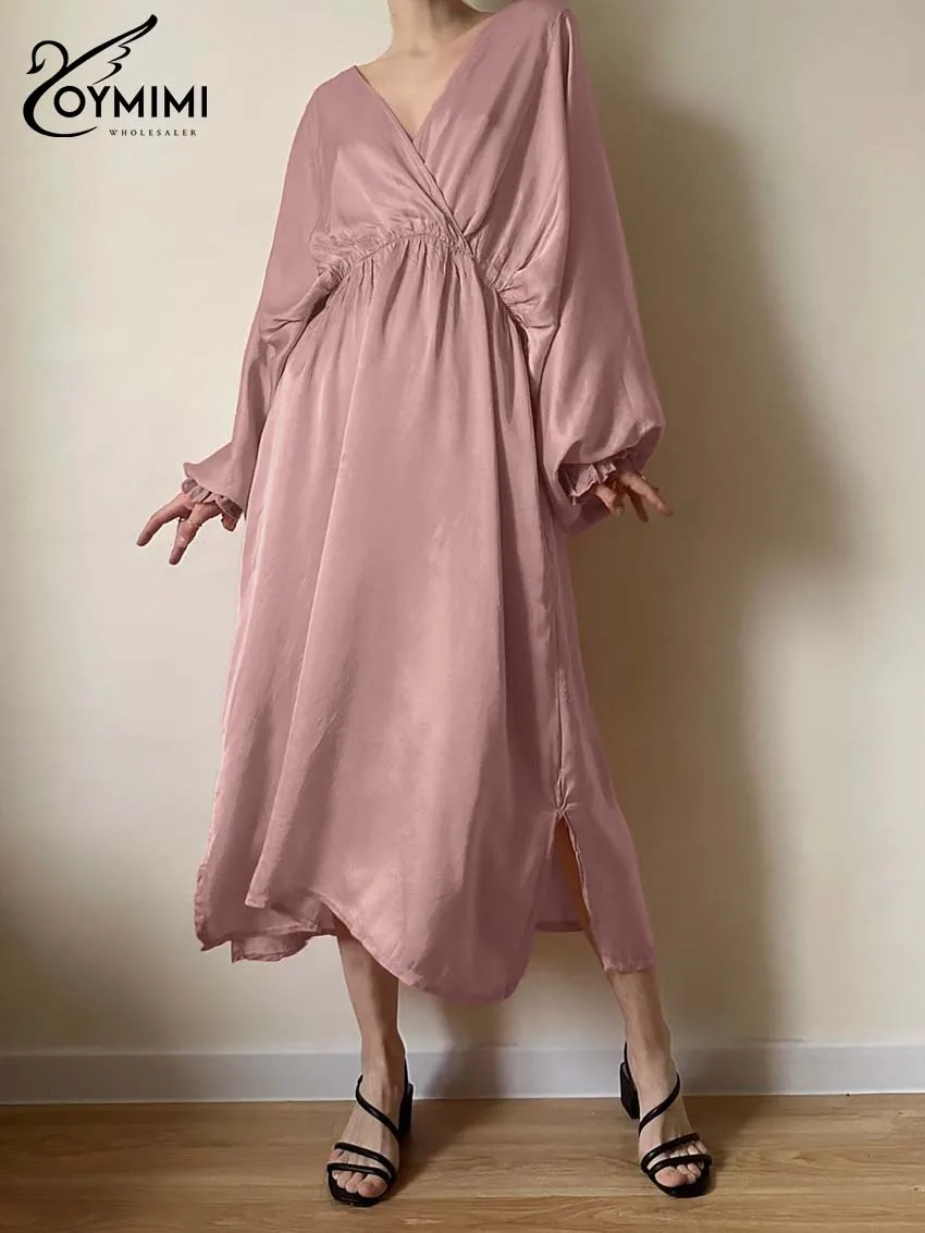 

Oymimi Women's Pink Premium Satin Midi Dress 2026 Spring V-Neck Puff Sleeve Ruched Waist Side Slit Effortless Elegant Outfit