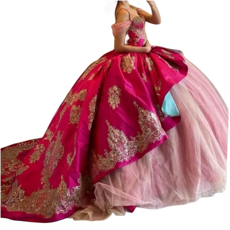 Maßgeschneiderte fuchsia rosa süße 16-jährige Quinceanera-Kleider für Mädchen, schulterfrei, Perlenapplikation, Abschlussball, Vestido de la Princesa Jasmine de