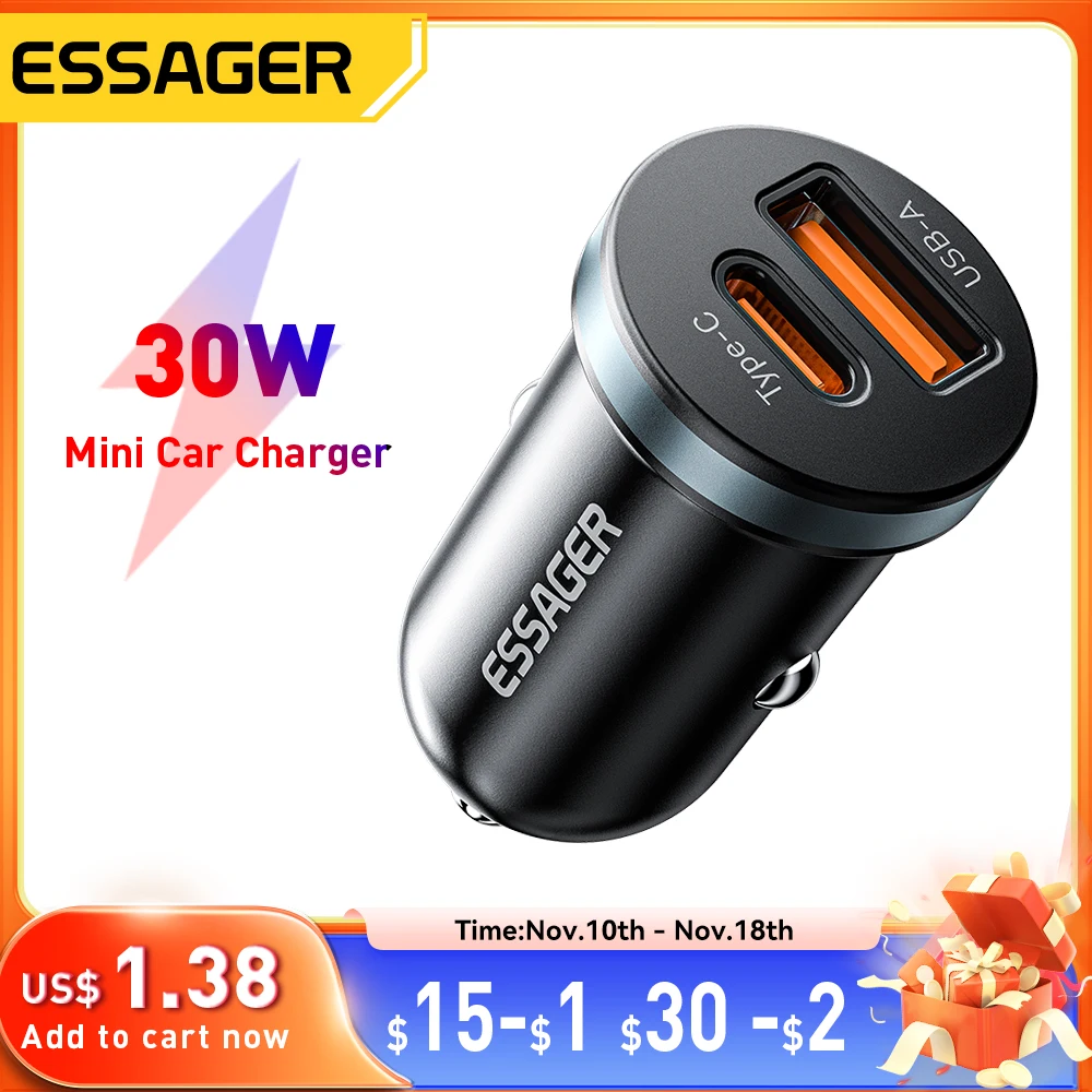 Essager 30W USB Car Charger Quick Charge 4.0 3.0 FCP SCP USB PD For Xiaomi iPhone 12 13 14 Pro Fast Charging Car Phone C Charger