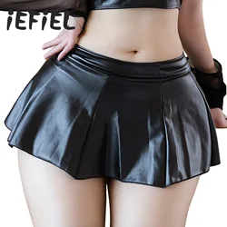 Womens Wetlook Sexy Skirt PU Leather Ruffle A-line Skirt Lingerie Nightwear Miniskirt for Party Club Music Festival Pole Dancing