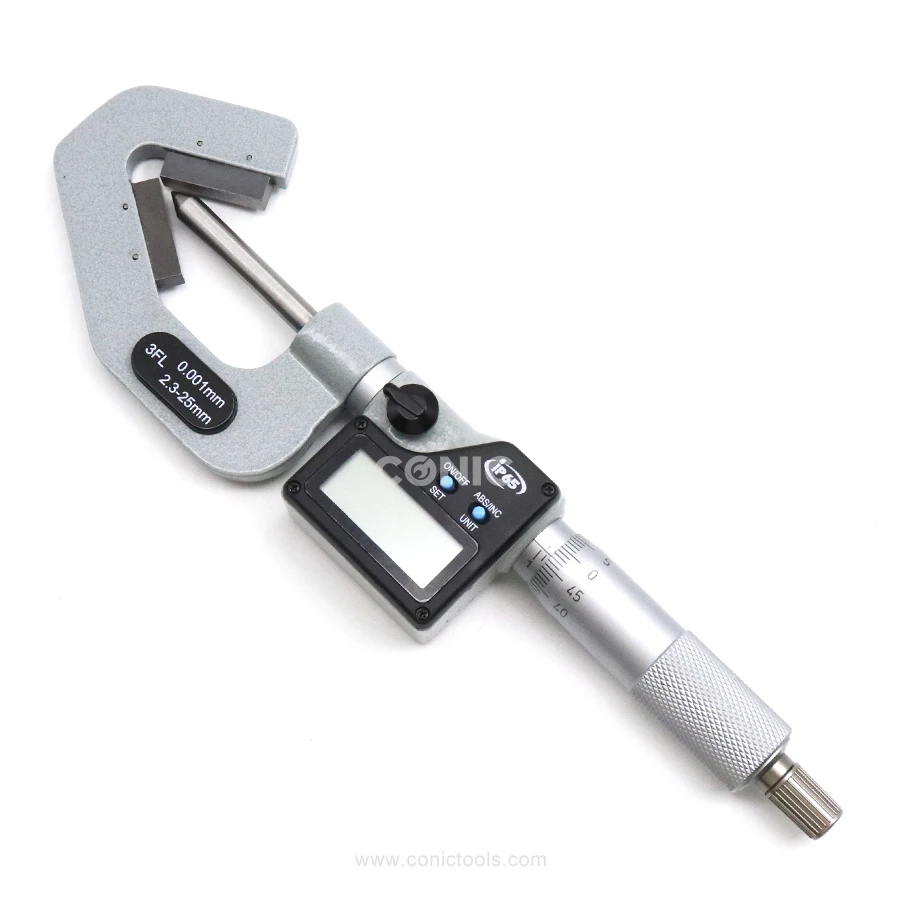 

3 Flutes Carbide Tipped 2.3-25MM/0.09-1" Electronic Digital V-Anvil Micrometers With A Centerline Groove Ratchet Stop