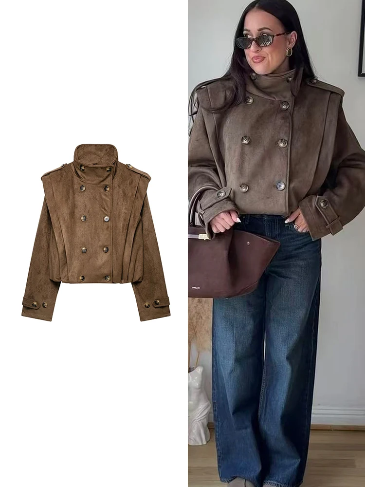 TFMLN Neue Damen-Kurzmantel aus Kunstwildleder mit Stehkragen, doppelreihig, Vintage-Jacken, locker geschnitten, lange Ärmel, plissiertes Design, Oberbekleidung