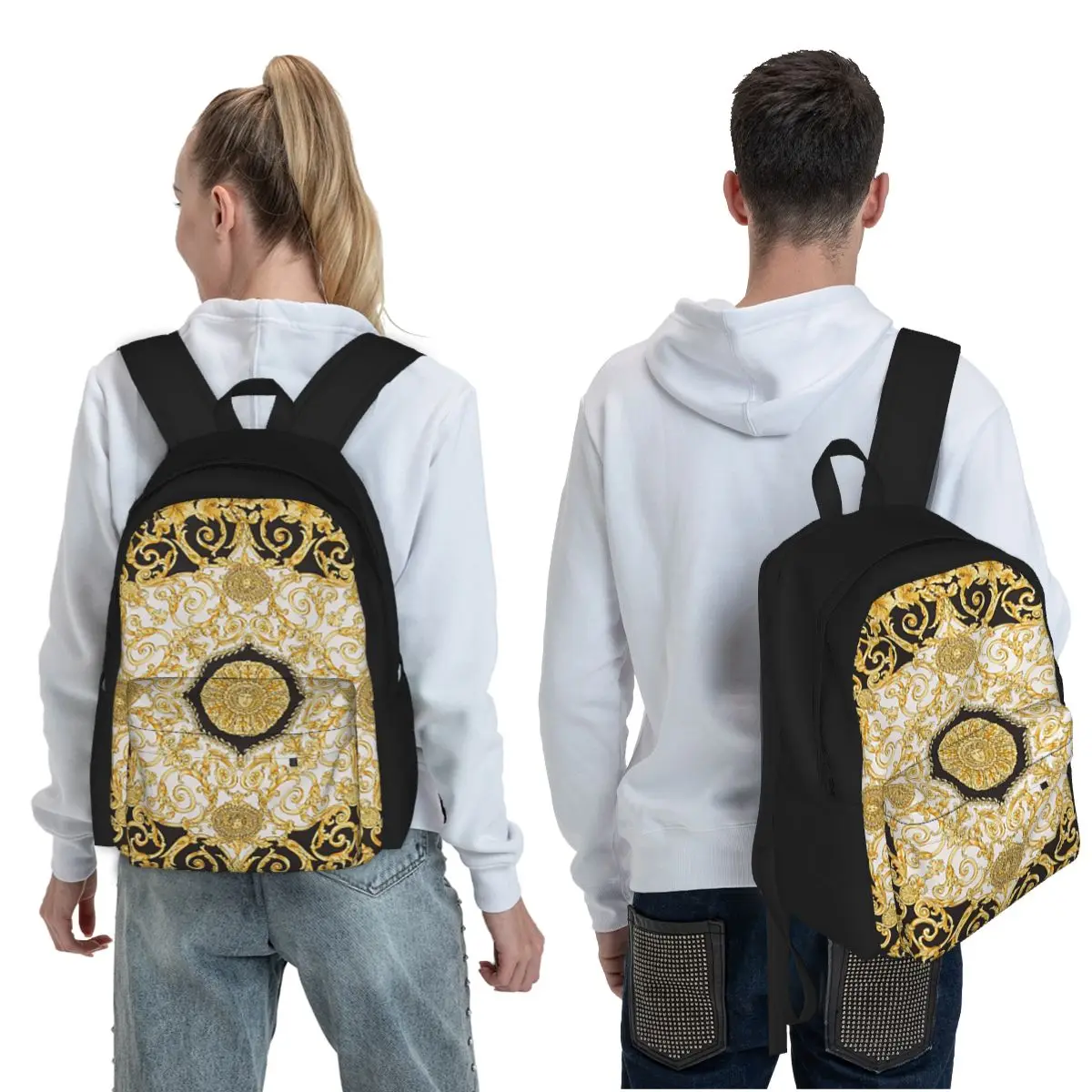 Decorative Golden Medallion Baroque Student Backpack School Bag Daypack for Boys Girls Fashion Bookbag Shoulder Bags