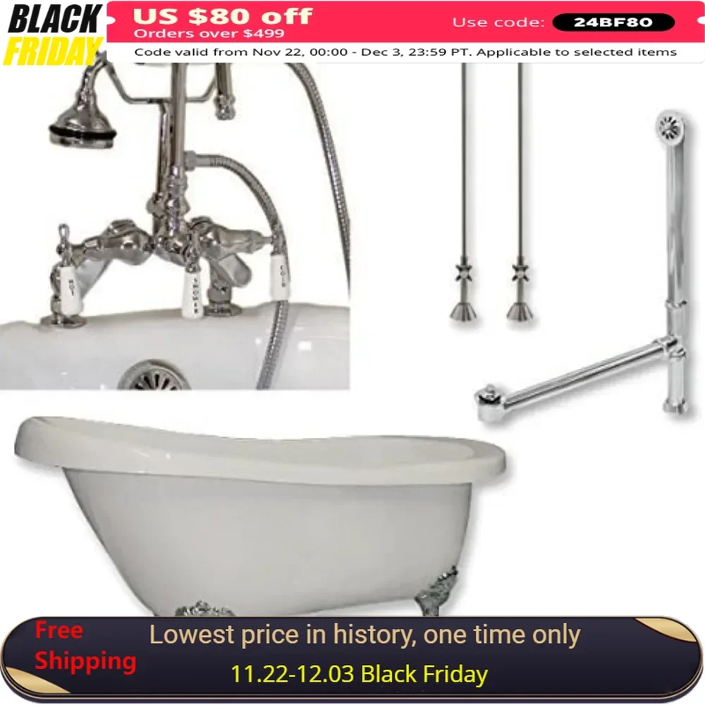 Bathtub, 67-inch, Acrylic Slipper Clawfoot Tub with Full Chrome Deck, Install Gooseneck Pipe Kit, Freestanding Tub