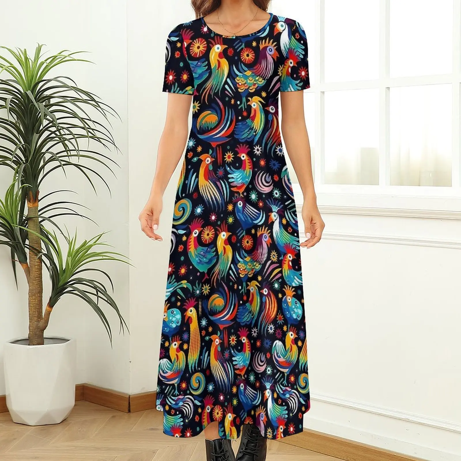 Whimsical Chickens Dress Abstract Animal Vintage Maxi Dress Aesthetic Bohemia Long Dresses Women Short Sleeve Big Size Vestidos