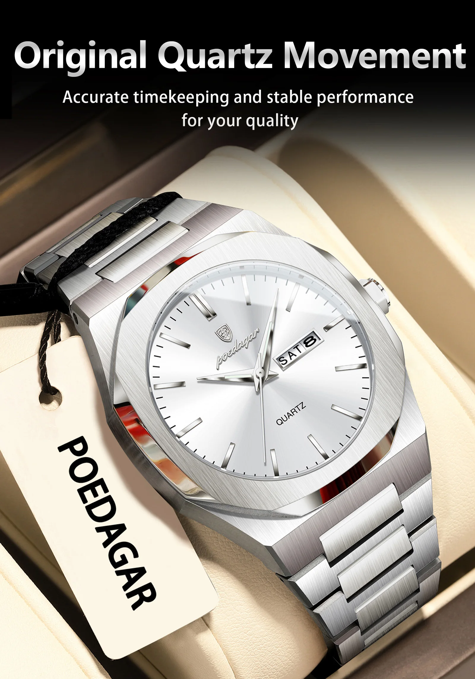 POEDAGAR Mode Marke Männliche Armbanduhr Wasserdicht Leucht Edelstahl Männer Uhr Datum Woche Casual Quarz herren Uhren Reloj – Detail 6