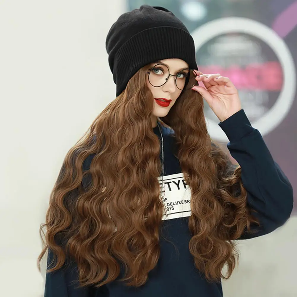 Long Curly Wig Hat Winter Beanie Hat Women Wavy Synthetic Hair Extension Hat Knit Skull Women Wig Hats Synthetic Wigs Hats