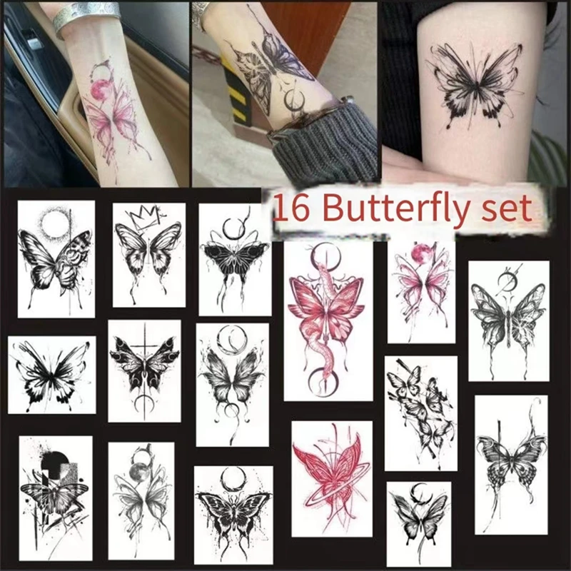 

16pc/Set Butterfly Snake Temporary Tattoo Stickers Waterproof Female Clavicle Personality Dark Fake Tattoo Tatouage Temporaire