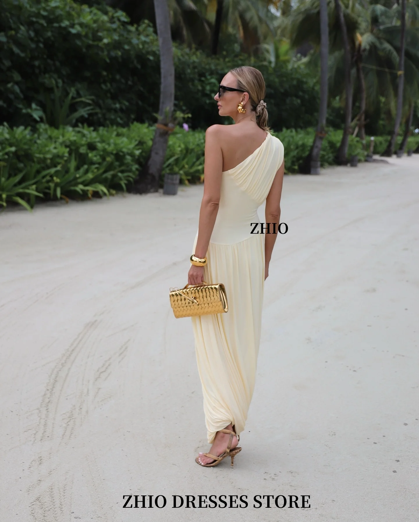 ZHIO Sexy summer tight yellow evening dress beach mermaid put on a shoulder pleat party casual vacation dance dress Customized