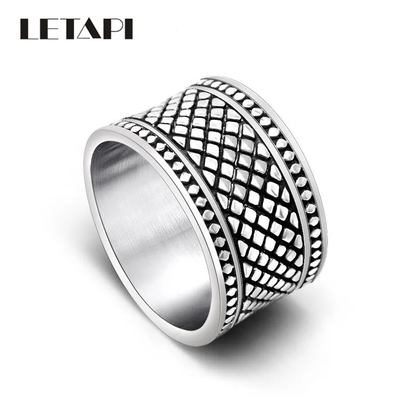 LETAPI-خاتم فضي اللون بنمط شبكي للرجال والنساء ، خاتم من التيتانيوم الصلب